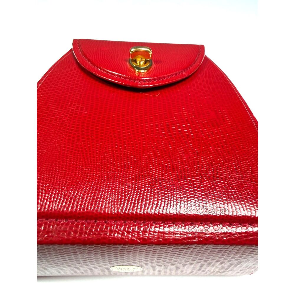 Vintage Red Lizard Embossed Jewelry Train Case Vanity Box Mirror Gold Tone EUC - Picture 3 of 13